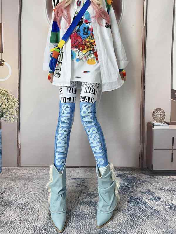 楽天way-ugoレギンス レディース 派手 パンツ 魅力的 デニム プリント アルファベット スリムフィット タイト おしゃれ スポーツ フィットネス 青 グレー