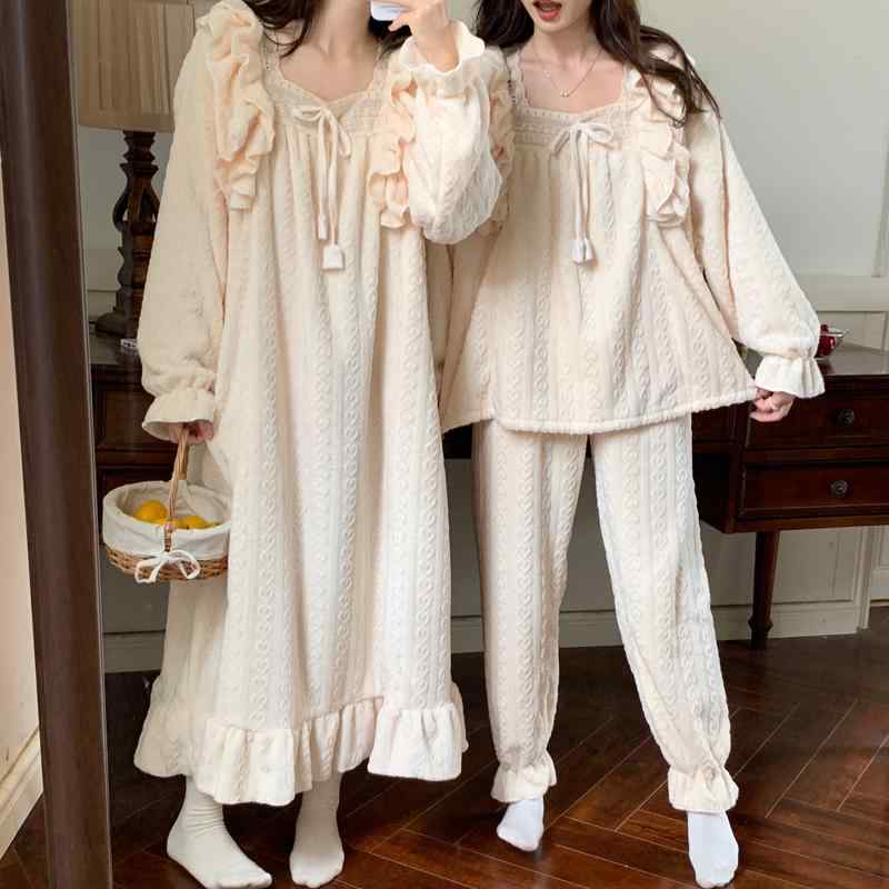 楽天way-ugoパジャマ レディース 冬 あたたかい もこもこ プリンセス ガウン リボン フリル ワンピース ズボン 女性 秋 起毛 厚手 服 セット ウェストゴム 無地 かわいい ルームウェア 旅行 グレー ピンク