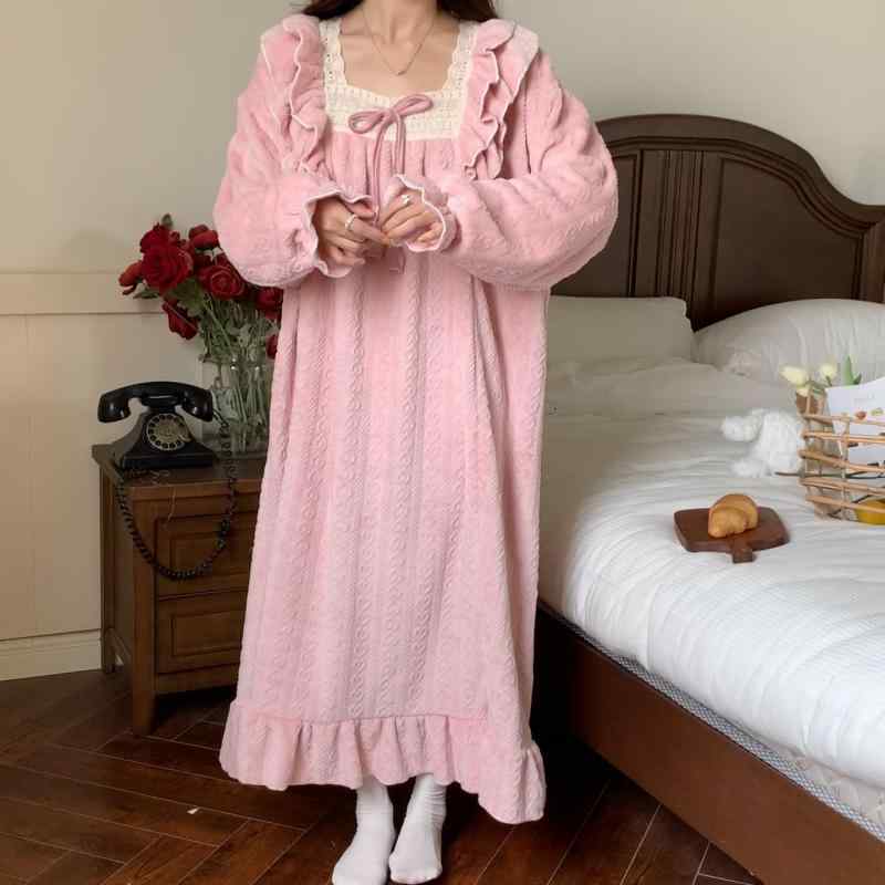 ルームウェア レディース 冬 厚手 暖かい ナイトガウン 秋 パジャマ ワンピース 部屋着 かわいい 大きいサイズ ズボン 上下セット グレー アプリコット もこもこ リボン