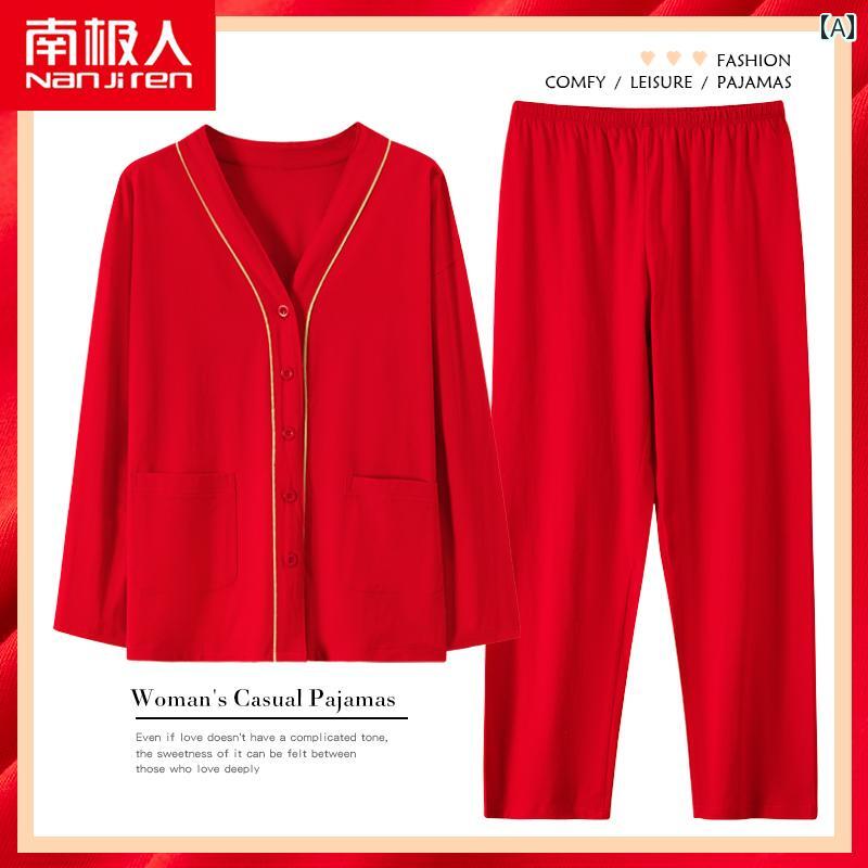 パジャマ ルームウェア セット ナイトウェア レディース 春秋 秋 魅惑的 綿 長袖 秋冬 ホーム 出生 年 大きい 赤 コットン カジュアル リラックス