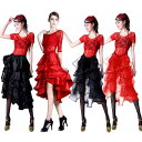 社交ダンス ラテン スカートレディース 衣装 レッスンウェア 練習着 パフォーマンス 競技 アシンメトリー ゴージャス フリル イレギュラーデザイン 広がる 華やか 黒 赤