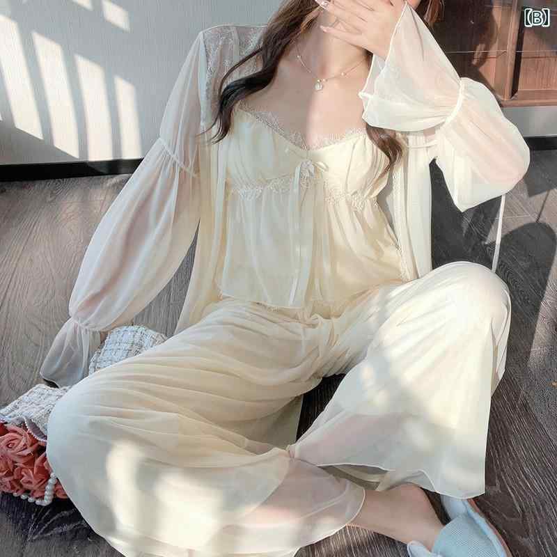 パジャマ ネグリジェ レディース セクシー 魅惑的 レース メッシュ 夏 薄手 胸パッド サスペンダー ホーム 服 3点セット