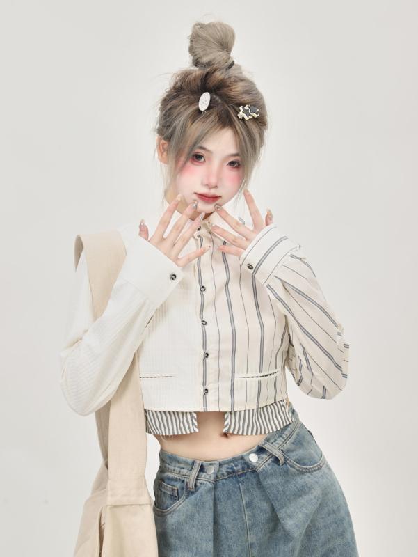 ストライプ POLO襟 シングルブレスト ボタン 夏 半袖 ゆったりタイプ レディース トップス