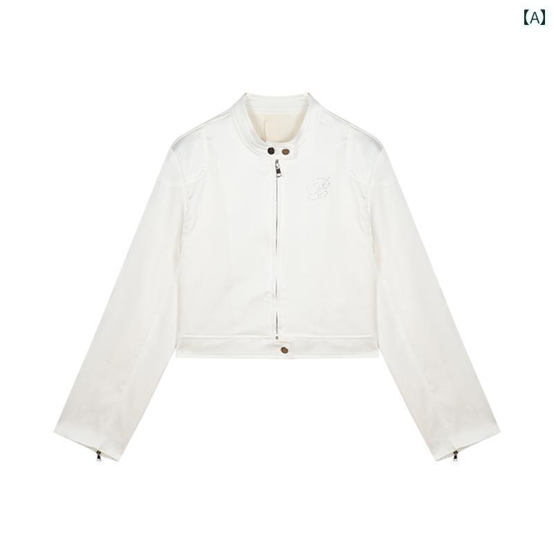 レディース ジャケット ライダース フランス 高級 サテン ショート ジャケット 春 スリムフィット ショートショルダー カーディガン ジッパー トップス クロップドショルダー