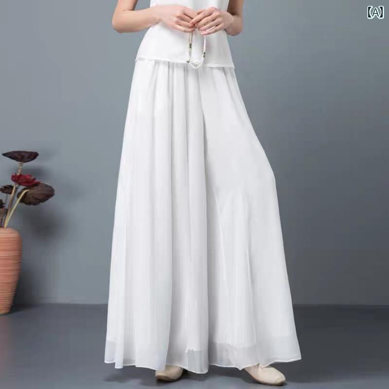アオザイ チャイナドレス パンツ レディース シフォン スイング ダンス パンツ 韓服 インナー 薄手 レトロ 禅 ワイド ホワイト ブラック ピンク(4)