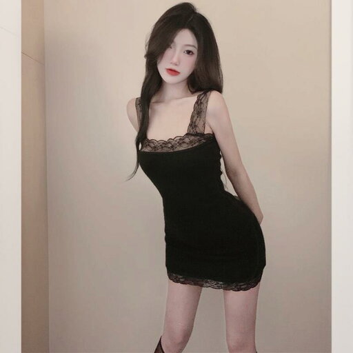 単一 独創的 レースパッチ セクシー スパイ ミニスカート スクエアネック 夏 ショート丈 単一 独創的 レースパッチ セクシー スパイ ミニスカート スクエアネック 夏 ショート丈