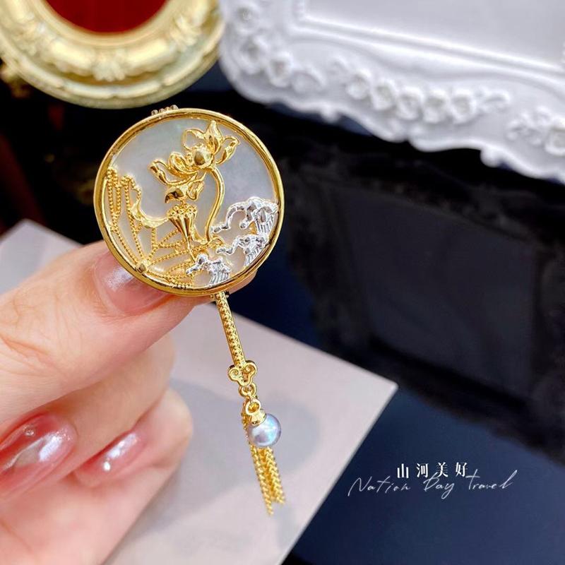 DIY アクセサリー ブローチ パーツ パール無し 空ホルダー 半完成 中華風 螺鈿 扇子 レディース ピン 蜜蝋 翡翠 コサージュ ホルダー