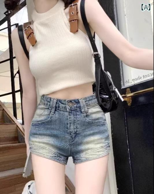 ホットパンツ デニムパンツ レディース ショートパンツ 夏 レトロ ウォッシュド デニム アメリカン ガールズ ハイウエスト ジーンズ フィットスリム ブルー アンティーク スキニーデニム ダメージデニム クラッシュデニム