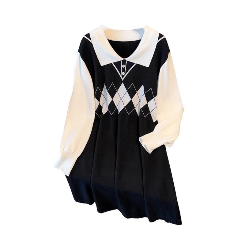 ぽっちゃり ワンピース レディース 大きいサイズ ゆったり スカート 膝丈 長袖 襟付き ツーピース スリム シンプル カジュアル スタイリッシュ 黒 アーガイ...