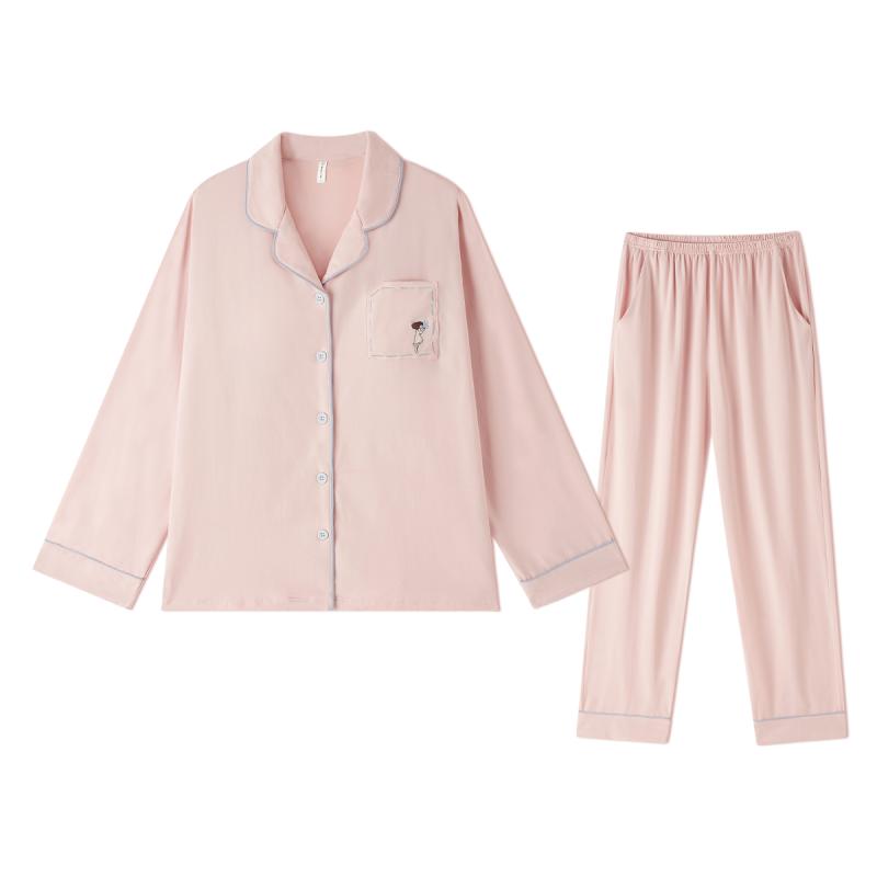 ルームウェア レディース 部屋着 カップ付き パジャマ コットン 春夏 長袖 長ズボン ピンク ブルー