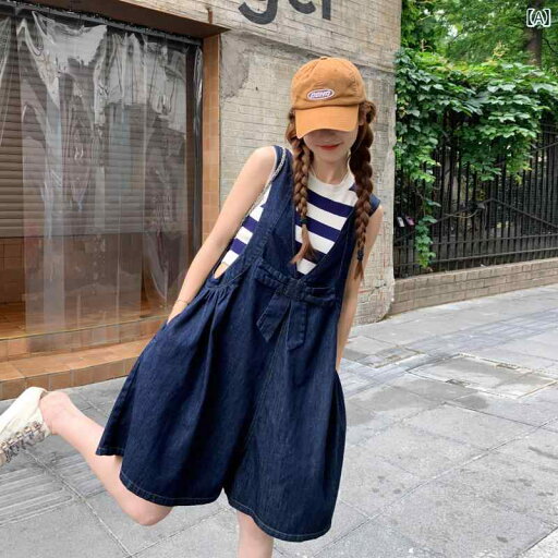 サロペット ショート丈 パンツ レディース オーバーオール つなぎ リボン デニム 夏 レトロ ゆったり ブルー サロペット ショート丈 パンツ レディース オーバーオール つなぎ リボン デニム 夏 レトロ ゆったり ブルー
