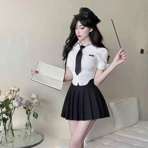 キャバドレス カレッジ スリム ショート ネクタイ 白シャツ 女性 半袖 プリーツスカート 制服 夏 キャバドレス カレッジ スリム ショート ネクタイ 白シャツ 女性 半袖 プリーツスカート 制服 夏