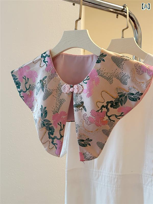 付け襟 大きいサイズ レディース 夏 チャイナ レトロ ビッグカラー ショール 漢服 チャイナボタン 装飾 アクセサリー 刺繍 個性的 エレガント おしゃれ ピンク グレー 紫 花柄