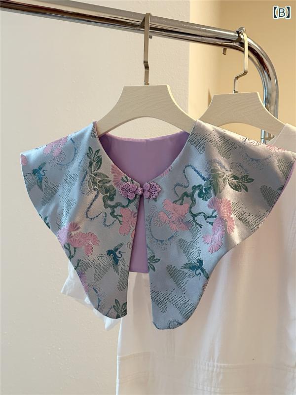 付け襟 大きいサイズ レディース 夏 チャイナ レトロ ビッグカラー ショール 漢服 チャイナボタン 装飾 アクセサリー 刺繍 個性的 エレガント おしゃれ ピンク グレー 紫 花柄