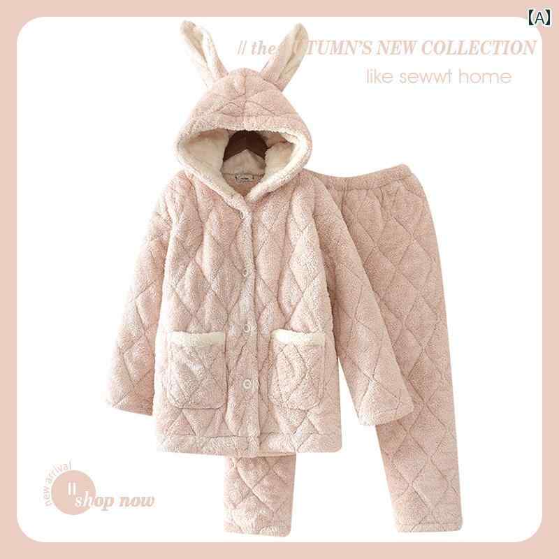 楽天way-ugoルームウェア レディース 部屋着 パジャマ うさ耳 冬 厚手 サンゴ ベルベット フード付き スーツ かわいい フランネル 綿 ジャケット ホーム服