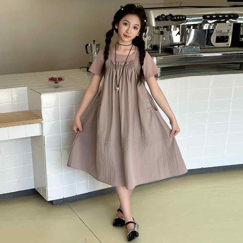 セットアップ 女の子 ジュニア 春夏 韓国風 カジュアル スポーツ 半袖 トップス サロペット ジャンパースカート 綿 コットン 薄手 普段着 お出かけ ラベンダー 2点セット