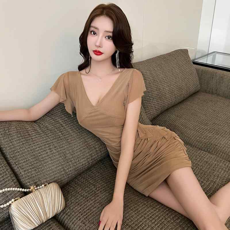 キャバドレス ナイトクラブ レディース 小柄 スリム メッシュ vネック 蓮の葉スリーブ ヒップスカート 夏 ショート丈(4)