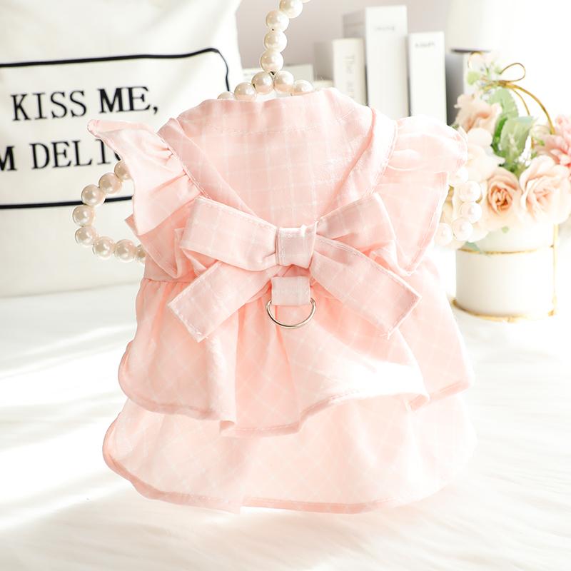 犬服 ペット服 春夏 薄手 プリンセス ドレス トラクション リボン フライング スリーブ 付き 小型 犬 テディ ペット ピンク イエロー チェック柄 ファッション 衣類