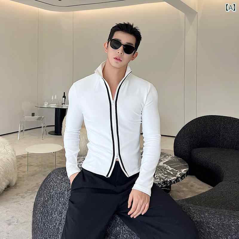 メンズ トップス 秋冬 タイトフィット ダブル ジッパー 長袖 T シャツ タートルネック カーディガン ハイエンド シャツ(4)