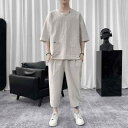 メンズ ファッション セットアップ チャイナ風 コットンリネン スーツ 夏 薄手 Tシャツ トップス Vネック 半袖 ズボン クロップドパンツ シンプルコーデ リラックス ホームウエア