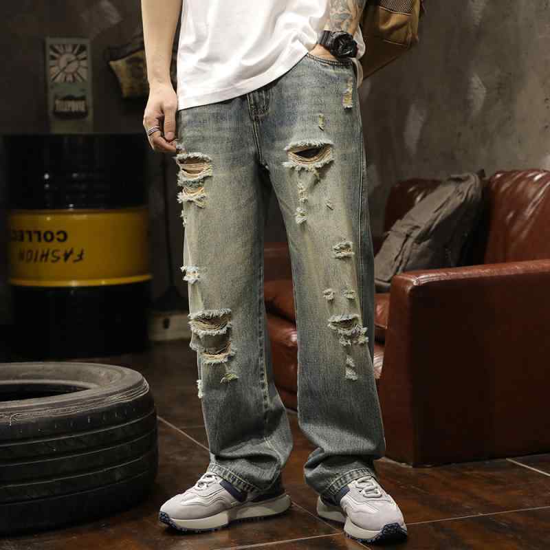 メンズ ロングパンツ 長ズボン アメリカン オールシーズン デニム ジーンズ 破れ加工 ダメージ加工 ウォッシュド レトロ ヴィンテージ ストリート ストレート カジュアル 長め 綿混紡 ワイド ブルー ノスタルジック 男性用 大きいサイズ