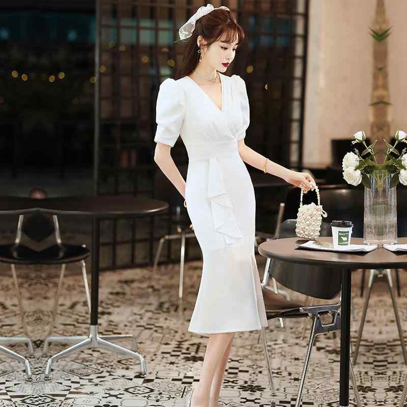 ドレス レディース フレンチ レディ ドレス ミドル丈 スカート ロイヤル シスター ホワイト スリット フィッシュ テール ドレス 夏 エレガント Vネック