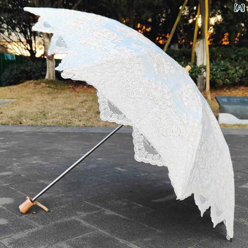 日傘 折り畳み傘 レディース エレガント オフ ホワイト レース 刺繍 レース 晴雨傘 ブラック 抗UV 日焼け防止 サンシェード 二つ折り かわいい スチール
