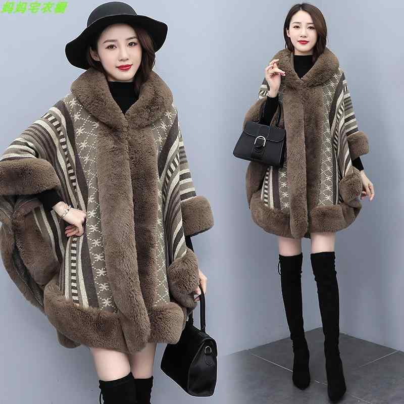 レディース アウター マント ケープ ポンチョ コート ショール 暖かい ファー 秋冬 大判 おしゃれ 防寒 ビッグカラー フード付き 起毛 厚手 カーキ