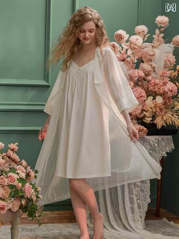 楽天way-ugoパジャマ レディース 宮殿風 春秋 七分袖レーシーガウン シフォンキャミ ワンピース 2点セット ルーム ナイト ホームウェア ゆるふわ