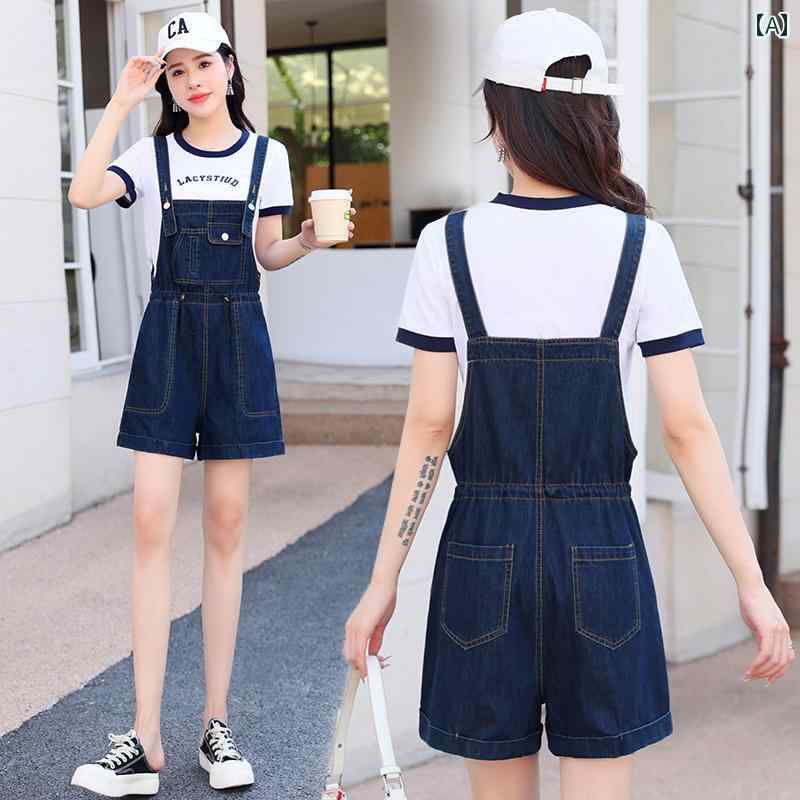 サロペット ショート丈 パンツ レディース オーバーオール つなぎ デニム サスペンダー丈 ショーツ 夏 ストレート 小柄 紺