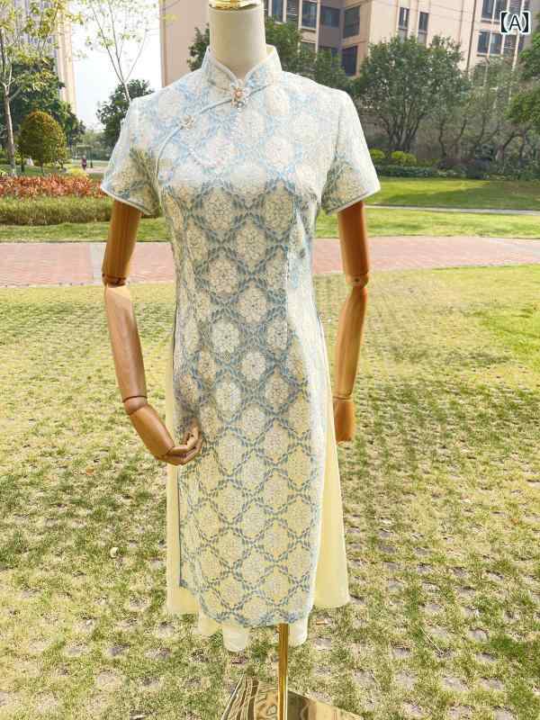 アオザイ チャイナ ドレス スリム レース ロング丈 レトロ ロースリット イベント コスプレ グリーン