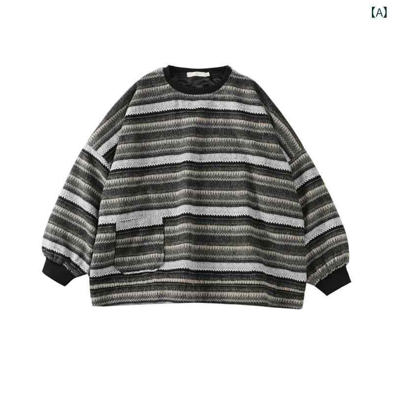 ジャケット アウター メンズ トレーナー レトロ 厚手 ストライプ スウェットシャツ 秋冬 オーバーサイズ カップル コート