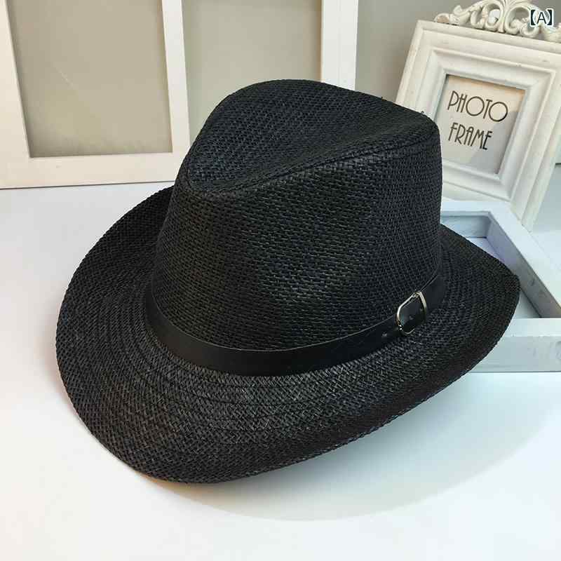 麦わら帽子 メンズ レディース ストローハット 春夏 中折れハット 英国 ジャズ カウボーイ 日焼け防止 日よけ ファッション 韓国 ブラック ベージュ ブラウン