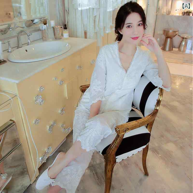 楽天way-ugoパジャマ レディース ルームウェア 刺繍 ホーム服 長袖 ツーピース スーツ シルク ホワイト