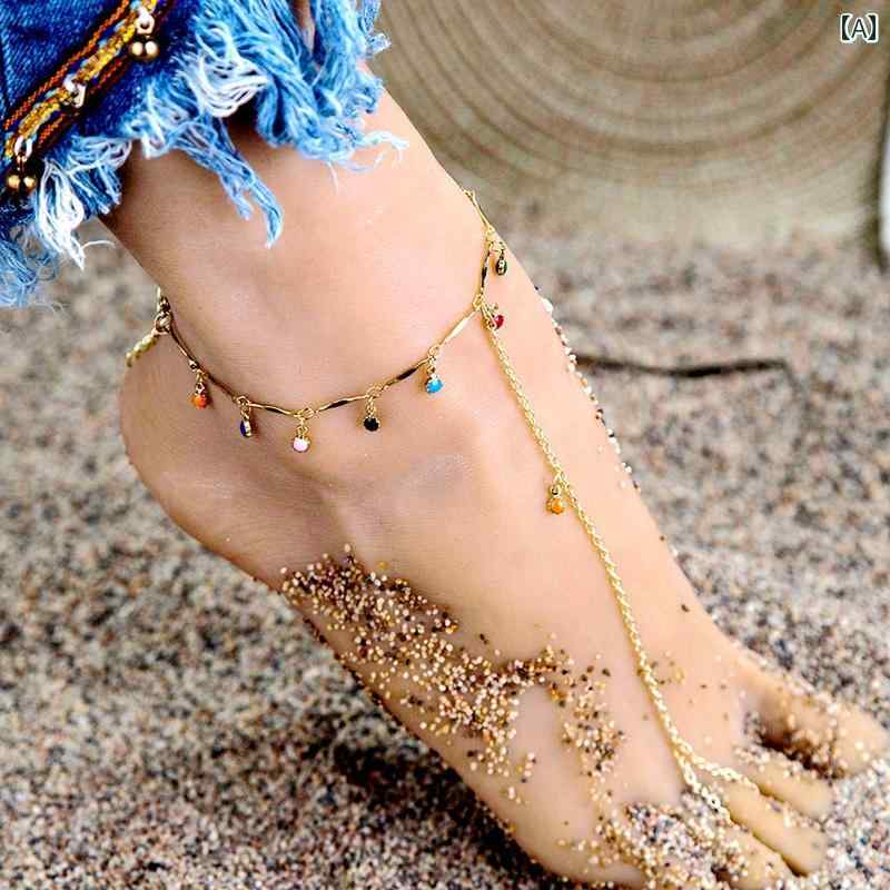 アンクレット ビーチ アクセサリー アメリカンン 夏 ハイエンド カラフル オイル ドロップ メタルチェ..