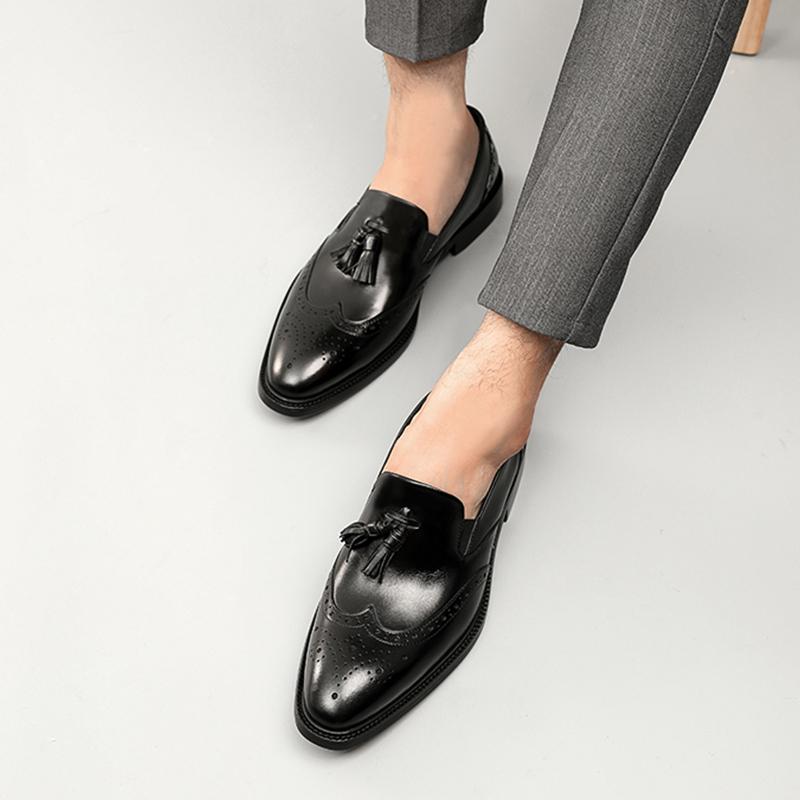 ローファー メンズ 紳士靴 シューズ フリンジ タッセル おしゃれ レトロ 英国 革靴 スリッポン ビジネス フォーマル 結婚式 ブラック ブラウン