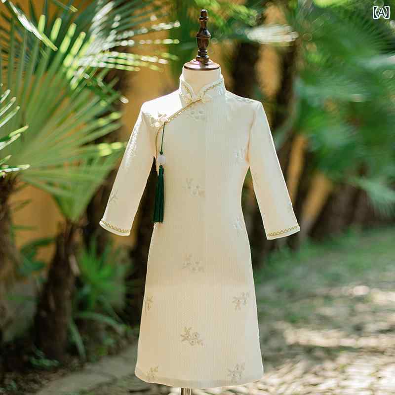 チャイナ ドレス オフホワイト 女の子 春秋 長袖 スカート 子供 プリンセス 刺繍 レディース キッズ