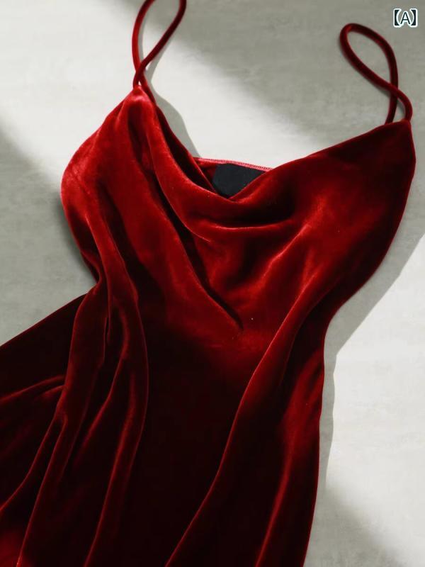 レディース ファッション バイアスカット スイング カラー ハイエンド サスペンダー スカート レトロ レッドベルベットドレス 秋冬用 インナー コート ロング スカート