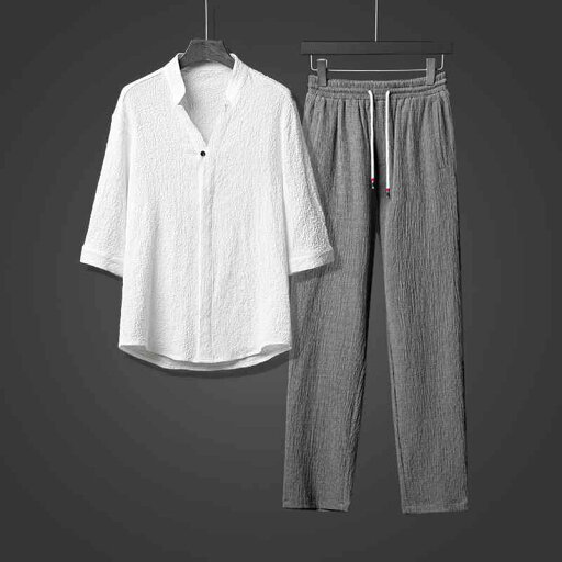 チャイナ風 薄型 五分袖 冷感 コットンリネン スーツ メンズ ファッション 夏 シャツ トップス パンツ ズボン ゆったり リラックス ミドルスリーブ カジュアル チャイナ風 薄型 五分袖 冷感 コットンリネン スーツ メンズ ファッション 夏 シャツ トップス パンツ ズボン ゆったり リラックス ミドルスリーブ カジュアル