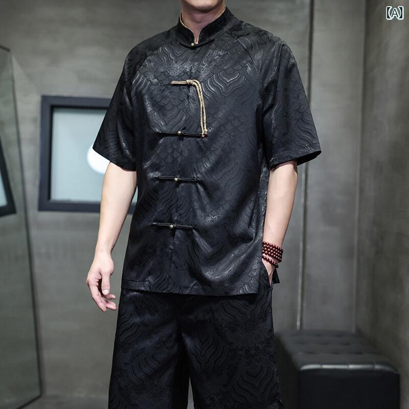 チャイナ風 メンズ ファッション レトロ ボタン 唐装 レジャー スーツ シャツ トップス パンツ ズボン 夏 薄手 通気性 五分袖 大きいサイズ 伝統的 上品 カジュアル
