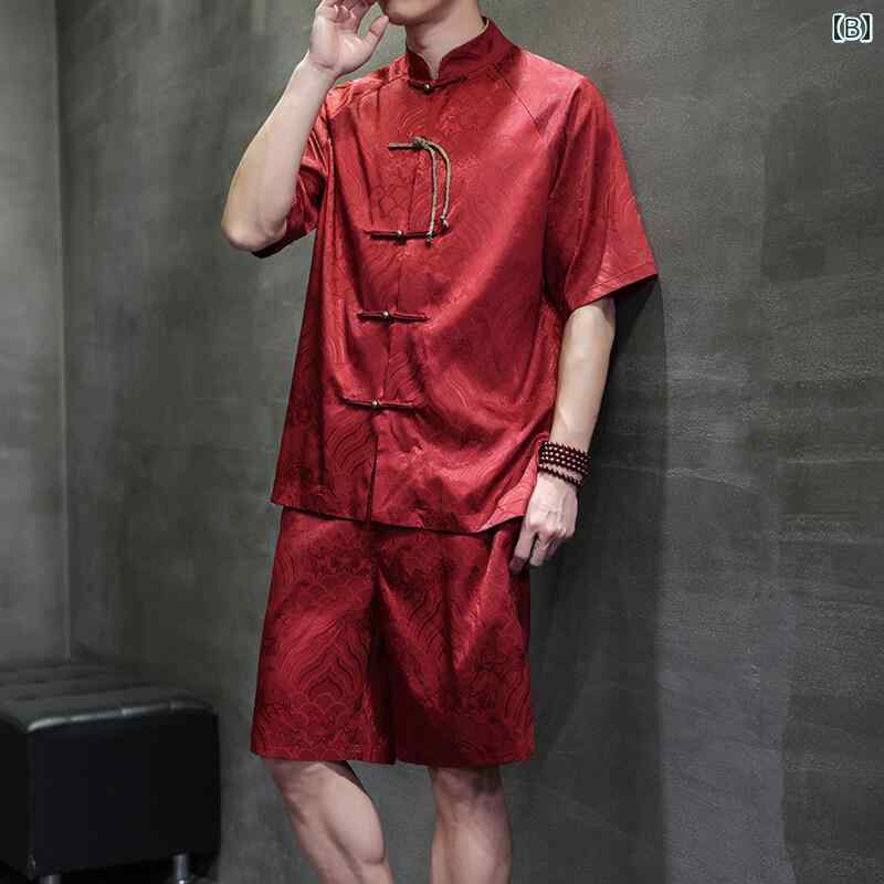 チャイナ風 メンズ ファッション レトロ ボタン 唐装 レジャー スーツ シャツ トップス パンツ ズボン 夏 薄手 通気性 五分袖 大きいサイズ 伝統的 上品 カジュアル