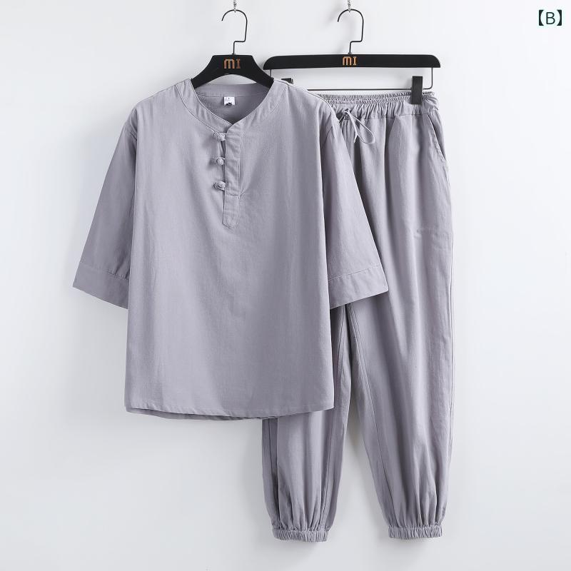 メンズ ファッション セットアップ 綿麻 太極拳 トレーニング Tシャツ トップス スーツ お父さん 中年 シニア 瞑想 リラックス シンプル 無地 ホームウエア 日常着 父の日