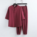 メンズ ファッション セットアップ ユニセックス 仏教 瞑想服 綿麻 唐装 パジャマ リラックス Tシャツ トップス パンツ ズボン スーツ シンプル 無地 快適 着心地 日常着