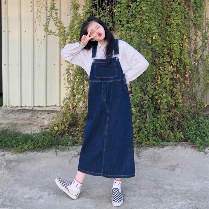 オーバーオール サロペット ジャンスカ レディース シック 韓国 春 小さい デニム サスペンダー Aライン ロング スカート ファッション スリム ミドル丈 膝上 ドレス ハイウエスト カジュアル