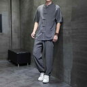 メンズ ファッション セットアップ チャイナ風 Tシャツ 半袖 夏 薄手 トップス 冷感 スーツ ボタン レトロ 唐装 漢服 カジュアル シンプル リラックス 伝統的 デイリー