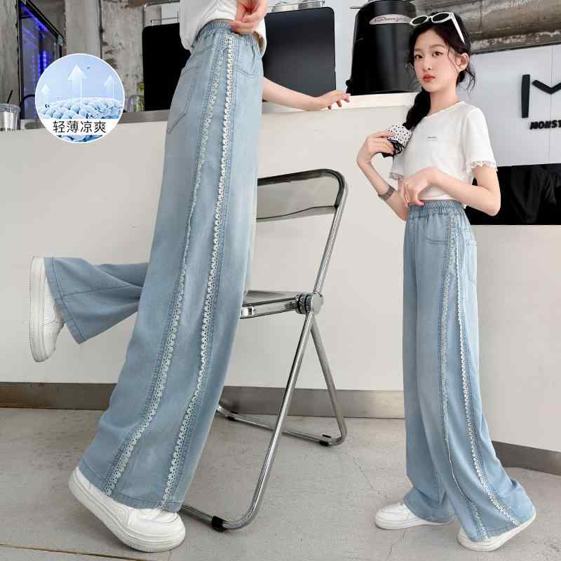 子供服 女の子 夏 デニムパンツ 薄手 防蚊パンツ 夏服 大きい子供 カジュアル ワイド レッグ パンツ ゆったり ジーンズ ジュニア 中学生 暑さ対策 キュート クール デイリーユース ガーリー