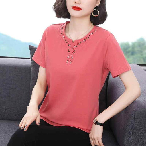 Tシャツ 半袖 夏 カジュアル マザーズ 婦人服 おしゃれ 普段使い レディース 綿 シンプル エスニック 女性 刺繍 トップス 服 レッド ブルー Tシャツ 半袖 夏 カジュアル マザーズ 婦人服 おしゃれ 普段使い レディース 綿 シンプル エスニック 女性 刺繍 トップス 服 レッド ブルー