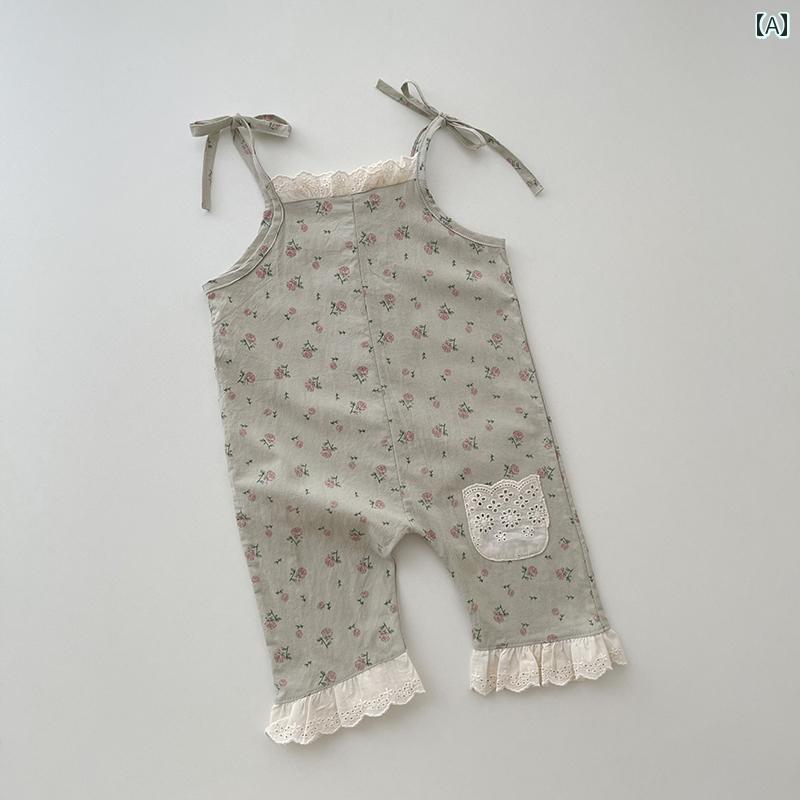オーバーオール ノースリーブ シャツ トップス 夏 韓国 花柄 レース サスペンダー 女の子 キッズ 子供用 おしゃれ ファッション 赤ちゃん用品 ベビー かわいい 綿