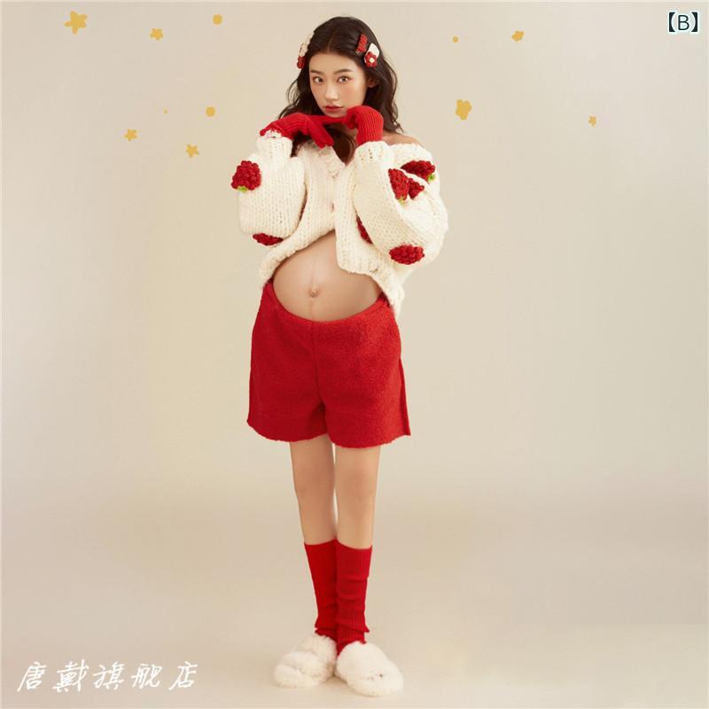 フォト 衣装 マタニティ おしゃれ 記念 思い出 写真 赤 スタジオ 妊娠 セーター アート 自宅 撮影 フリーサイズ カジュアル かわいい セット ホーム
