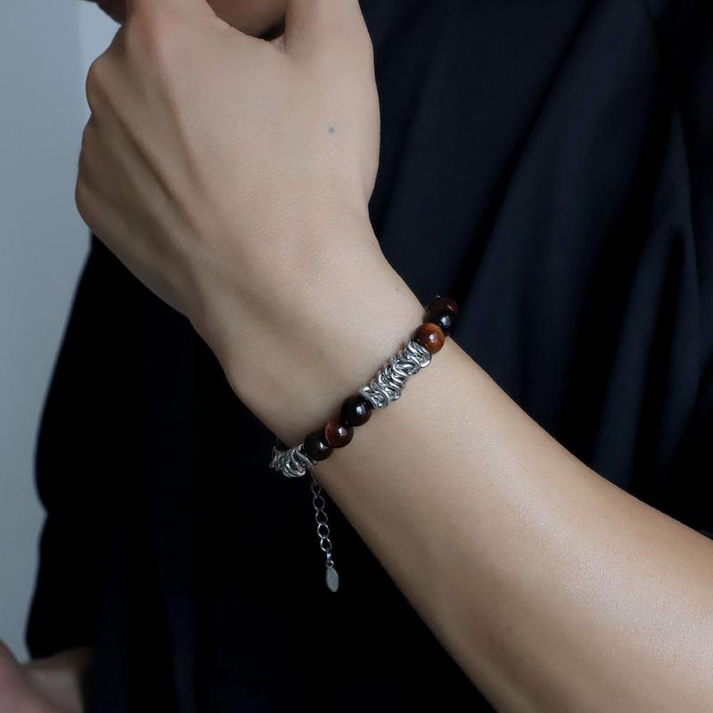 ブレスレット メンズ チタン 合金 黒曜石 チェーン 調節可能 軽量 中国 幸運 珠 アクセサリー チャーム 個性的 上品 おしゃれ 普段使い 黒 茶色